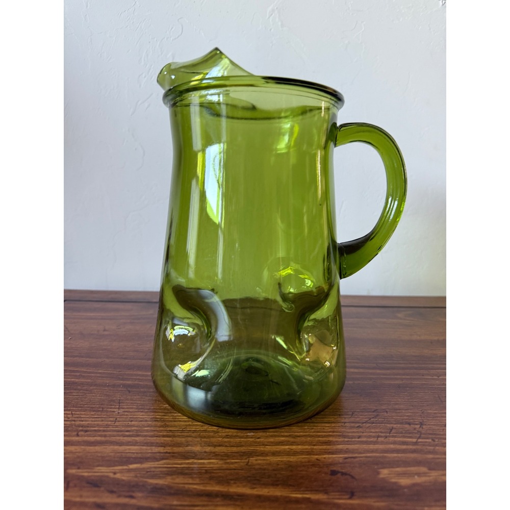 Vintage Green Hand Blown Glass Pitcher with Ice Lip Dimpled Thumbprint Design